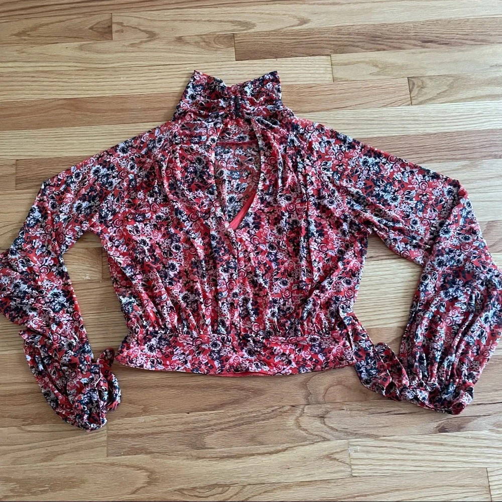 Free People All Dolled Up Mesh Orange Florals Long Sleeve Top Size S